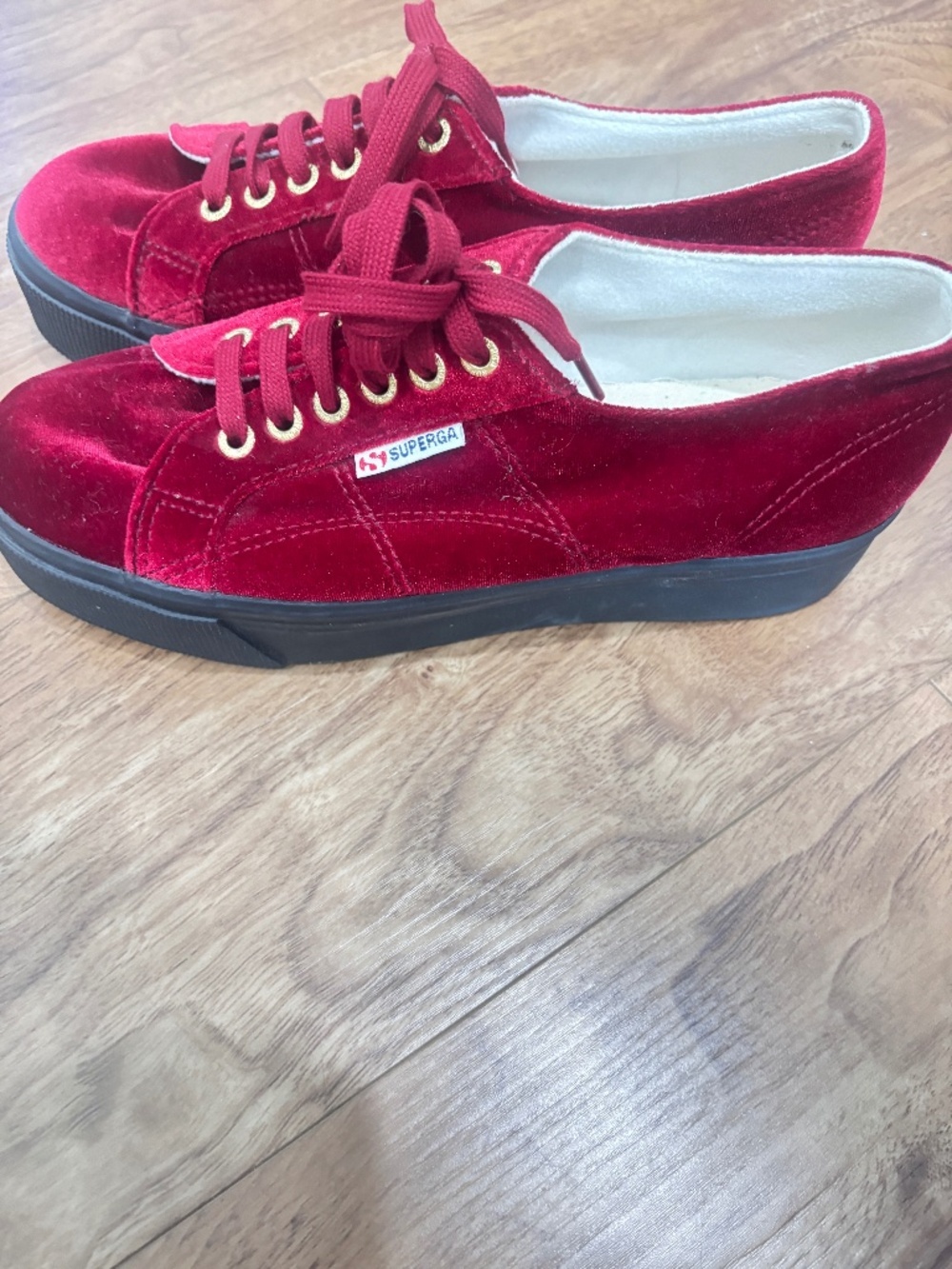 Superga 2790 Platform Sneakers EU 40 Red Velvet Gold Eyelets Black Sole